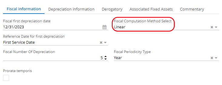 1.2. In the Fiscal information tab, the computation method has been
set to “Linear”. The fiscal number of depreciation is equal to 5 years
(the same number as in the economic plan, defined in the depreciation
information tab).
